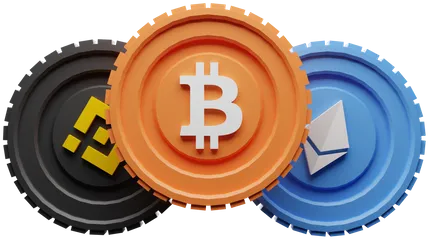 3D illustration of Bitcoin, Ethereum and BNB coins