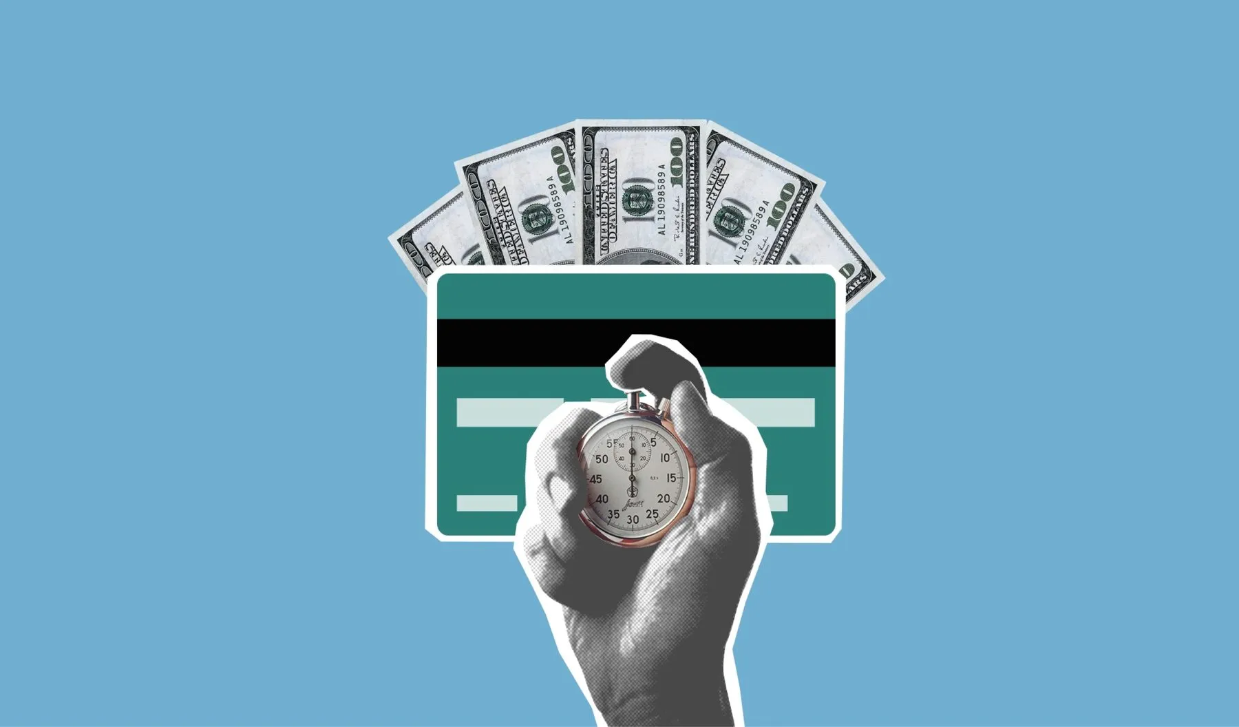 Bank card, cash and a stopwatch showing fast payment
